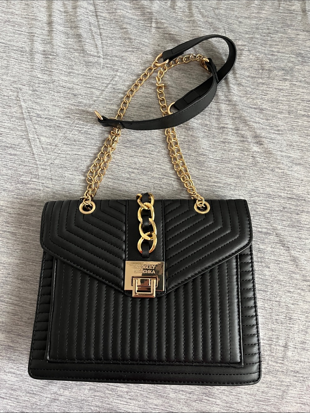 Black Quilted Faux Leather Shoulder Bag with Gold Chain